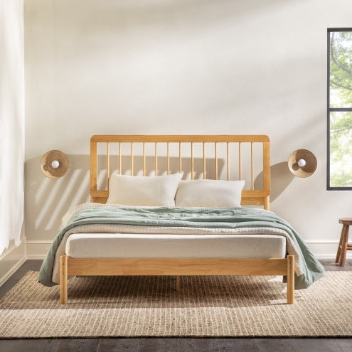 Mid-Century Modern Solid Wood Queen Spindle Bed Natural Pine
