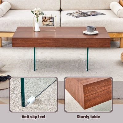 Walnut Colored MDF Coffee Table - 39.3x21.6 With Tempered Glass Legs.Density Board Sticker,Reinforced Glass Legs.Walnut Colored Texture Sticker.
