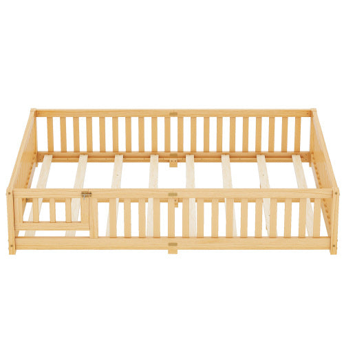 Queen Size Bed Floor Bed With Safety Guardrails And Door For Kids, Natural