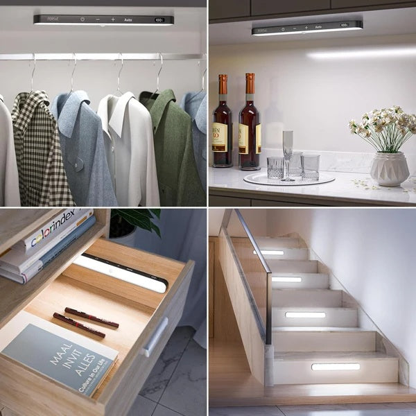 Under Cabinet Lights Rechargeable, Battery Level Display, 60 LED Motion Sensor Cabinet Light, Dimmable Touch Control