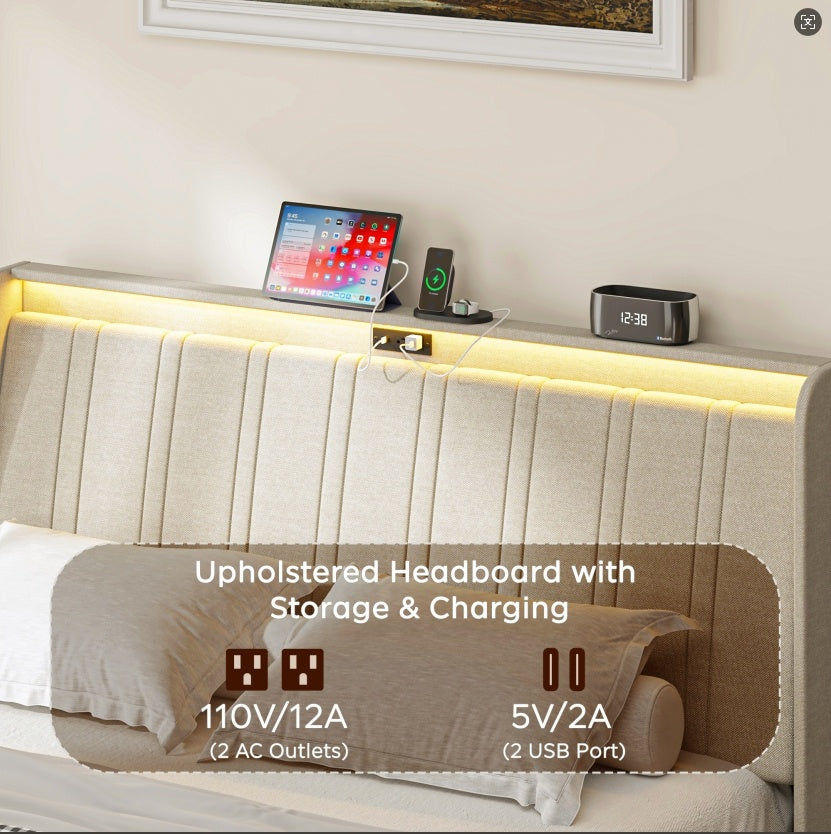 Platform Bed Frame With Fabric Upholstered Headboard And Wooden Slats Support, Fully Upholstered Mattress