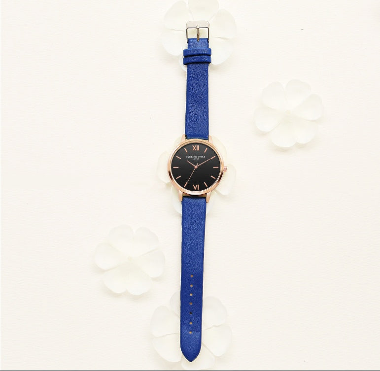 PU leather strap rose gold fashion casual fashion watch ladies black dial watch female models