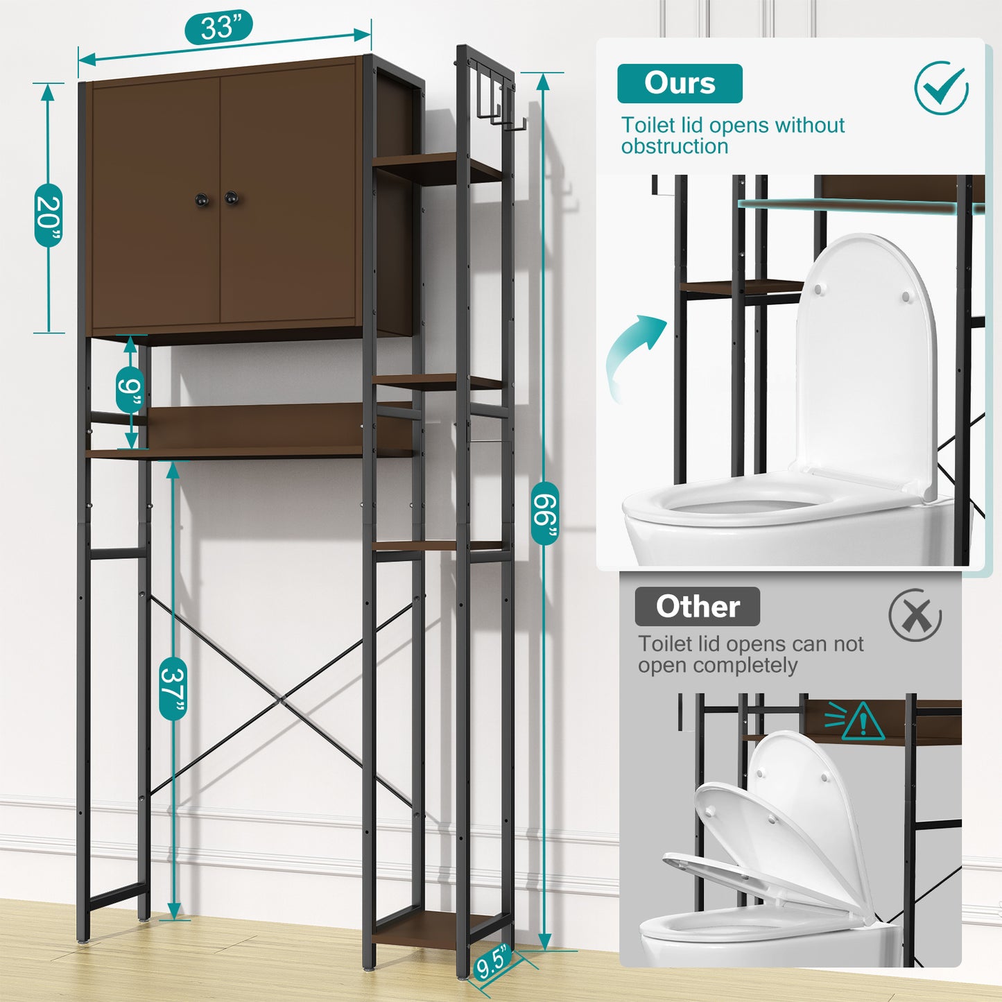 Toilet Storage Cabinet With 4 Layers Of Side Adjustable Storage Racks, Anti-slip Freestanding Toilet Organizer With Hooks, Suitable For Bathrooms, Laundry Rooms, In Brown.