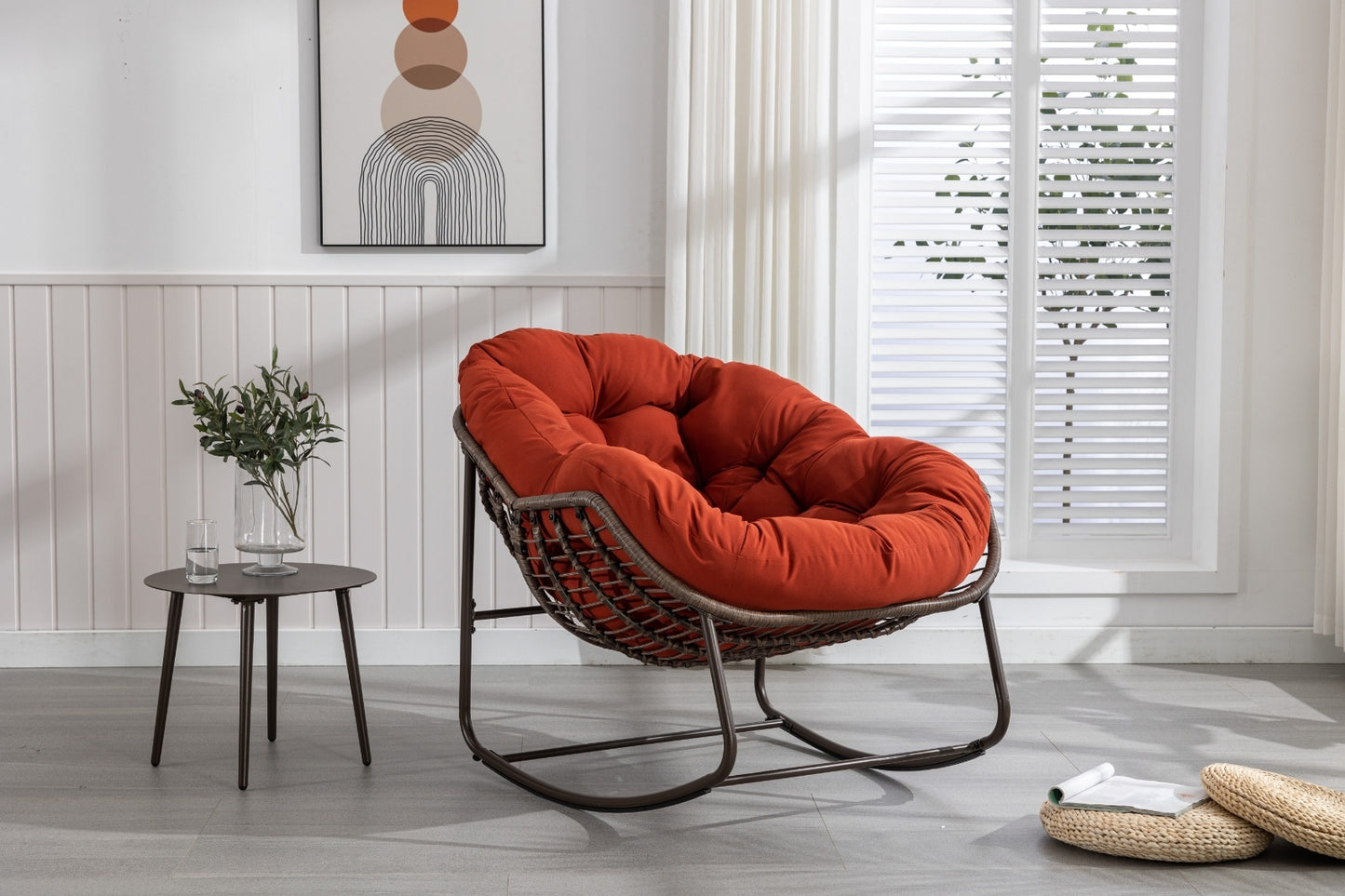 Outdoor Rattan Rocking Chair With Padded Cushion For Porch & Living Room