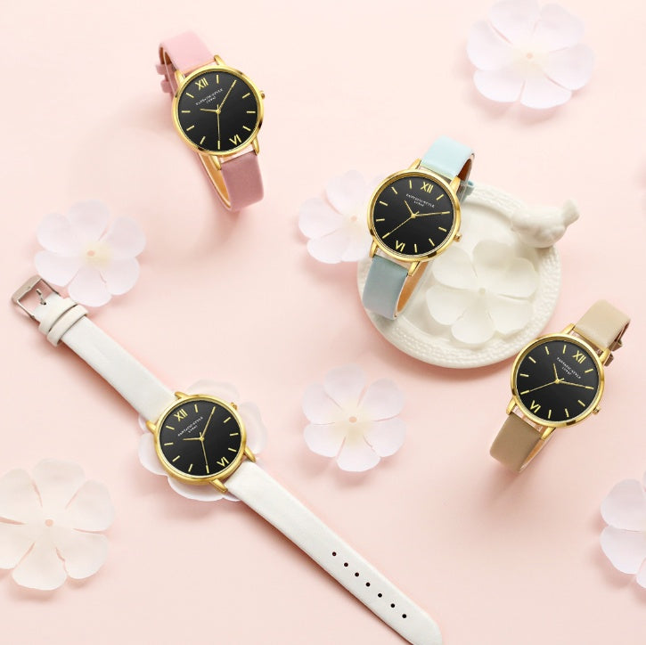 PU leather strap rose gold fashion casual fashion watch ladies black dial watch female models