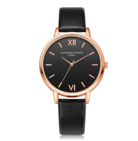 PU leather strap rose gold fashion casual fashion watch ladies black dial watch female models