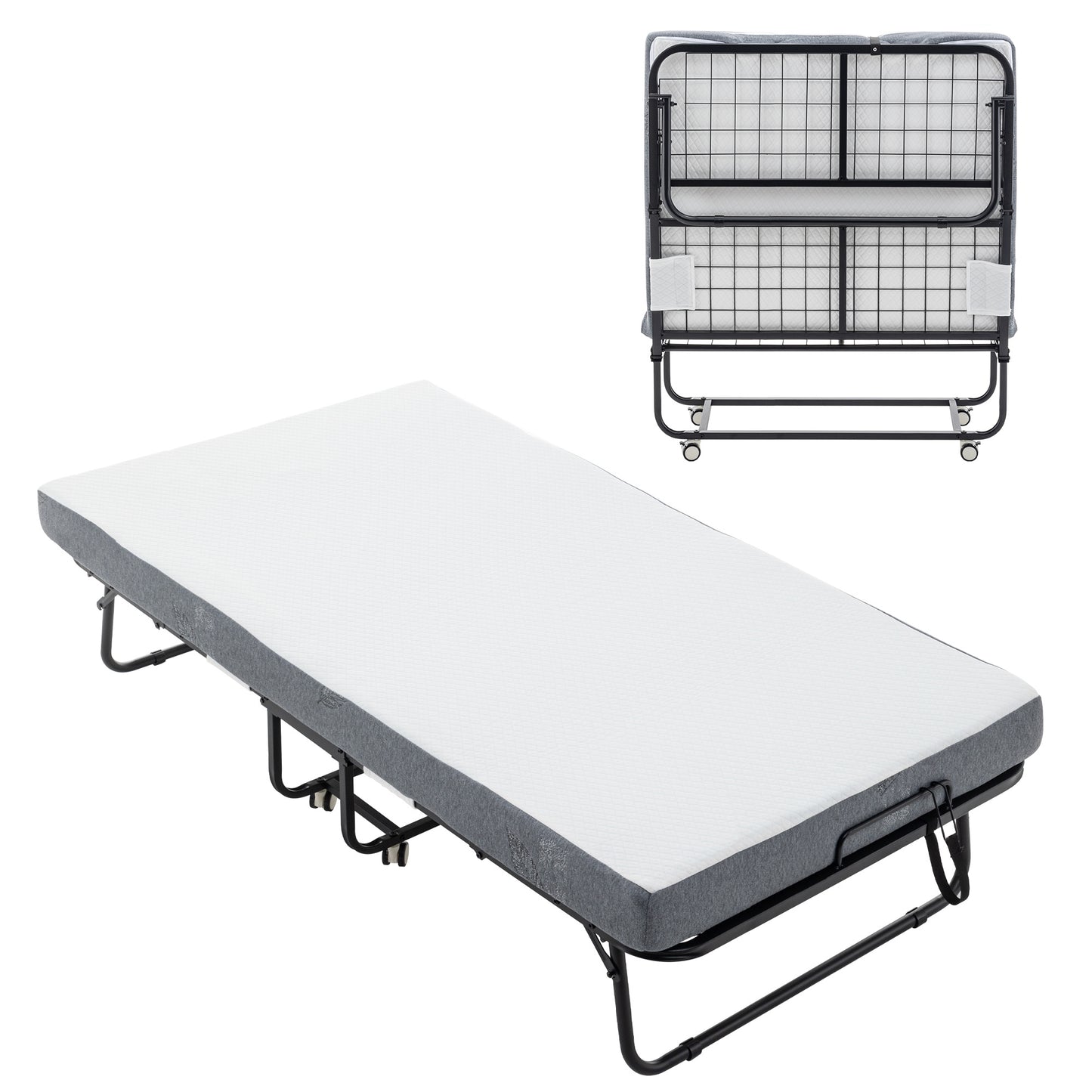 Folding Bed Cot With Mattress For Adults,  Foldable Metal Frame Bed For Guest With Memory Foam Mattress On Wheels, Saving Space Rollaway Bed