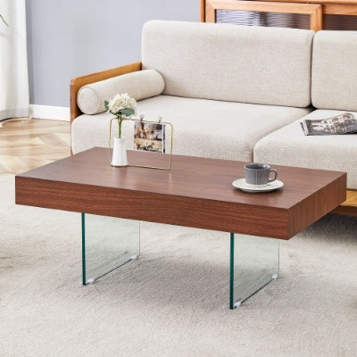 Walnut Colored MDF Coffee Table - 39.3x21.6 With Tempered Glass Legs.Density Board Sticker,Reinforced Glass Legs.Walnut Colored Texture Sticker.
