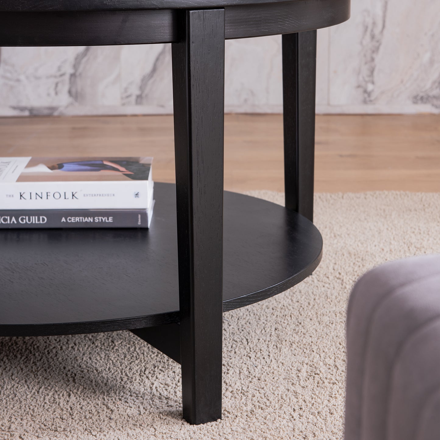 Round Glass Topped Solid Wood Storage Coffee Table, Black