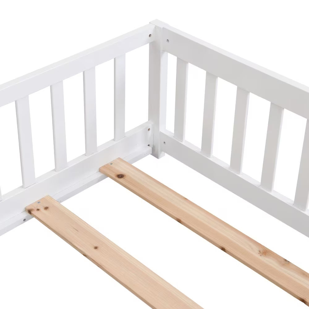 Twin Size Floor Bed With Door,Solid Wood Platform Bed Frame With Fence,Suitable For Children,Pine Wood,