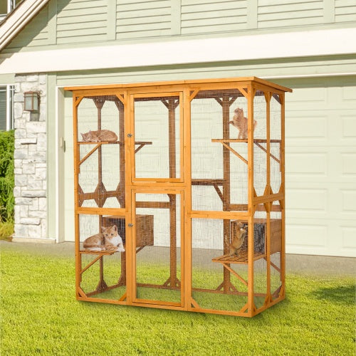 Outdoor Cat Enclosure With Roof 72 Inch High Cat Cabin Large Cat Cage
