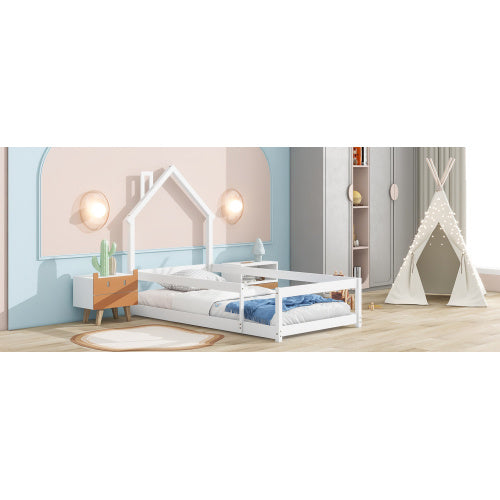 Twin Size Wood Bed With House-shaped Headboard Floor Bed With Fences,White