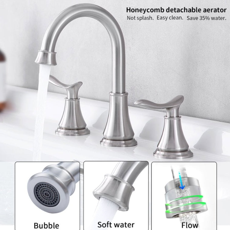 2-Handle 8 Inch Widespread Bathroom Sink Faucet Brushed Nickel Lavatory Faucet 3 Hole 360 Swivel Spout Vanity Sink Basin Faucets With Pop Up Drain Assembly And CUPC Water Supply Hoses
