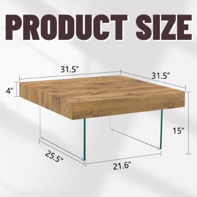 Natural Style Square MDF Coffee Table  31.5x31.5 With Tempered Glass Legs.Density Board Sticker,Reinforced Glass