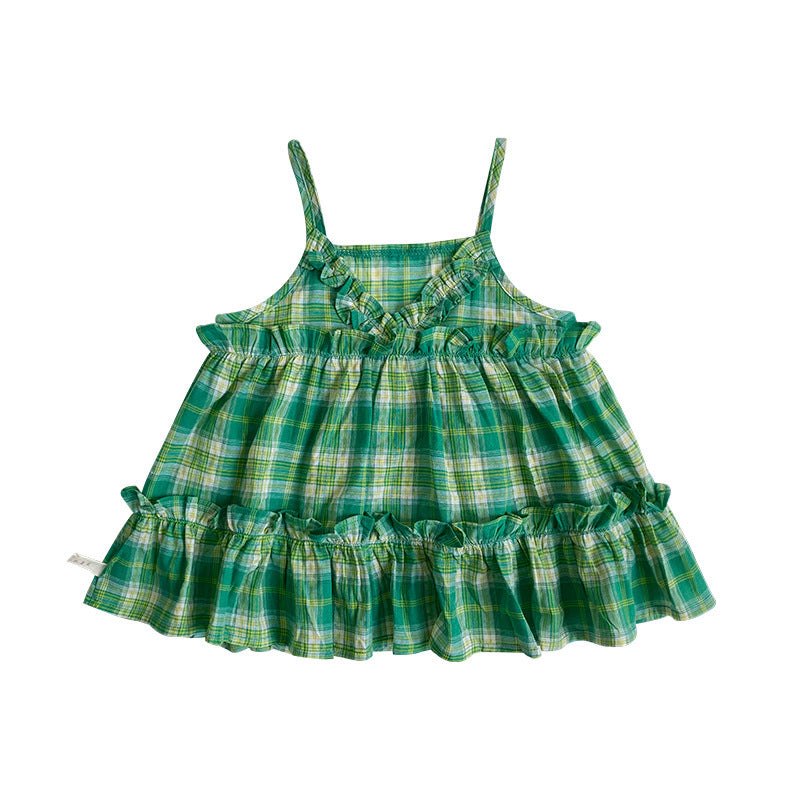 Girls Summer Clothes Children's Green Plaid Baby Suspender Skirt