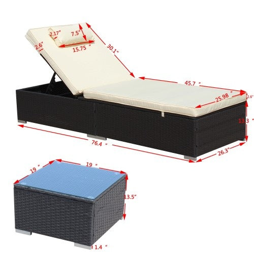 3-Piece Outdoor Patio Furniture Set Chaise Lounge, Patio Reclining Rattan Lounge Chair Chaise Couch Cushioned With Glass Coffee Table, Adjustable Back And Feet, Lounger Chair For Pool Garden, Beige