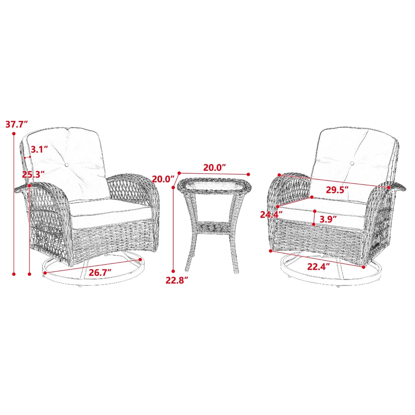 3pc Outdoor Swivel Rocker Chairs, 360  Rocking Patio Set With Thick Cushions