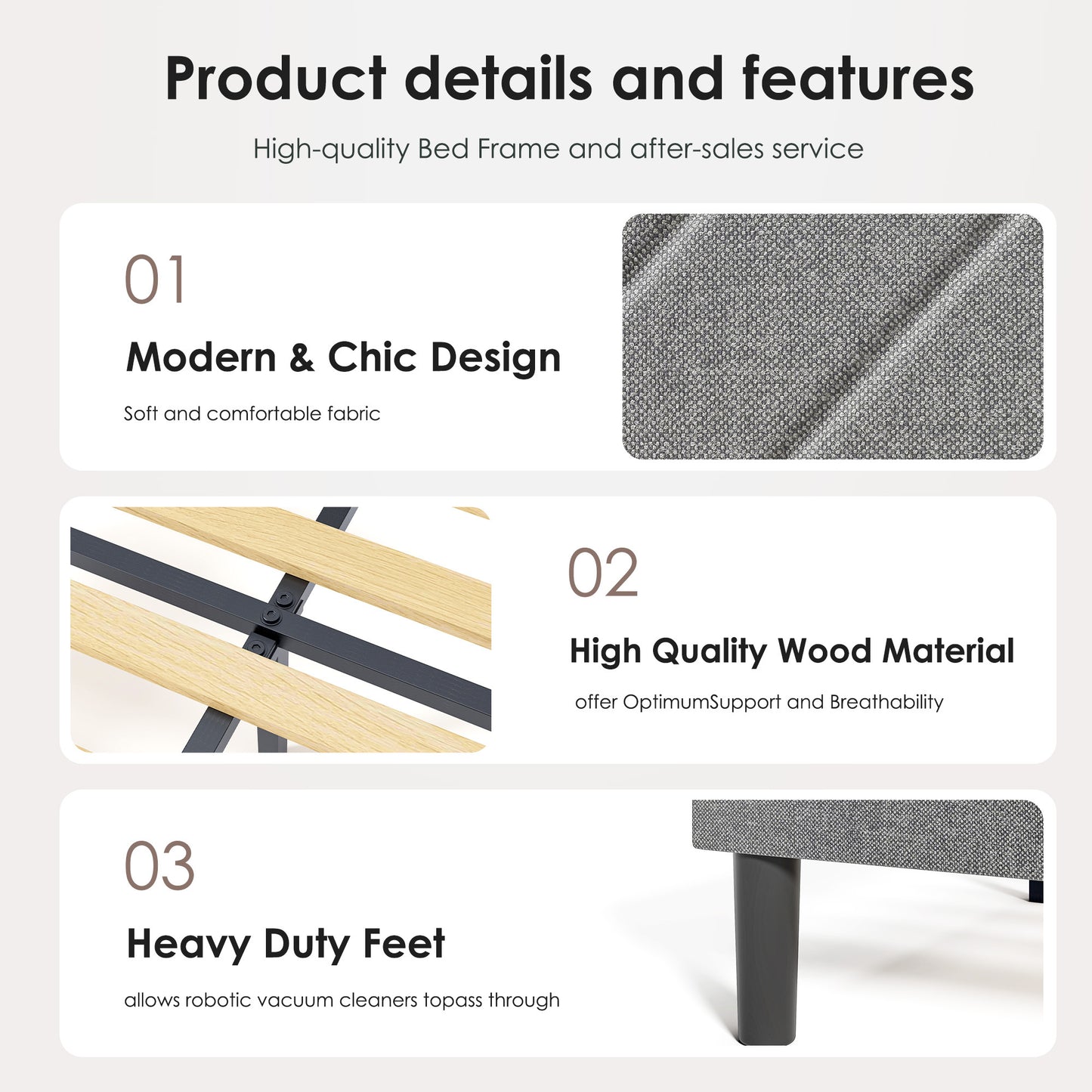 Modern Platform Bed Frame With Upholstered Headboard & Wooden Slats - No Box Spring Needed, Easy Assembly, Grey