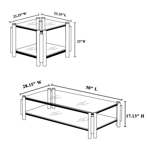 20 Inch Square End Table, Modern Stainless Steel End Table, Double-Layer Clear Tempered Glass Coffee Table, Side Table With Storage, For Living Room Home Office