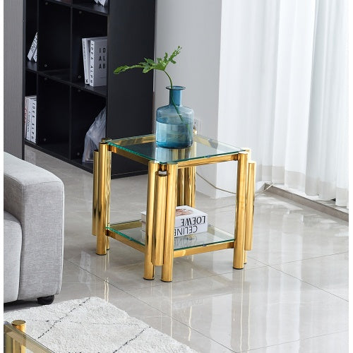 20 Inch Square End Table, Modern Stainless Steel End Table, Double-Layer Clear Tempered Glass Coffee Table, Side Table With Storage, For Living Room Home Office
