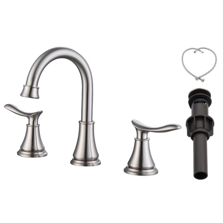 2-Handle 8 Inch Widespread Bathroom Sink Faucet Brushed Nickel Lavatory Faucet 3 Hole 360 Swivel Spout Vanity Sink Basin Faucets With Pop Up Drain Assembly And CUPC Water Supply Hoses