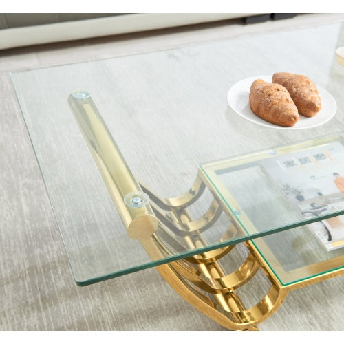 47 Rectangle Modern Stainless Steel Coffee Table, Double-Layer Clear Tempered Glass Coffee Table, Center Table Table With Storage, For Living Room Home Office, Easy Assembly, Gold