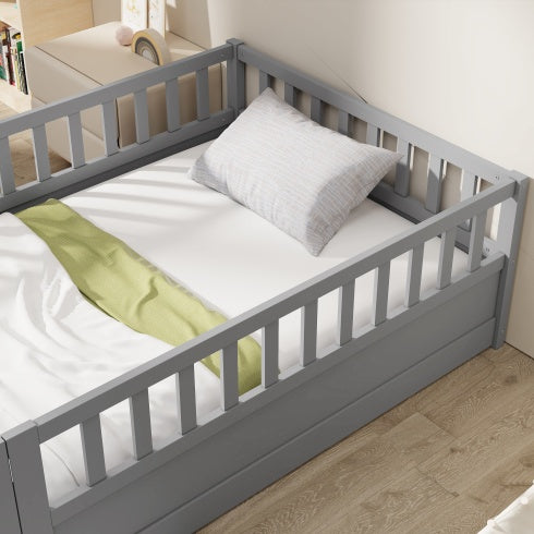 Twin Size Floor Bed, Integral Construction With Super High Security Barrier, Door, Children's Floor Bed Frame, Montessori Wooden Children's Floor Bed, Support Slat White