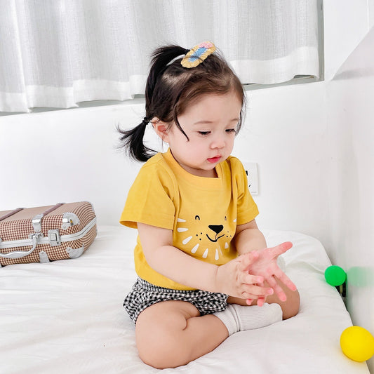 Girls' Cotton Plaid Clothes And Shorts Two Piece Set
