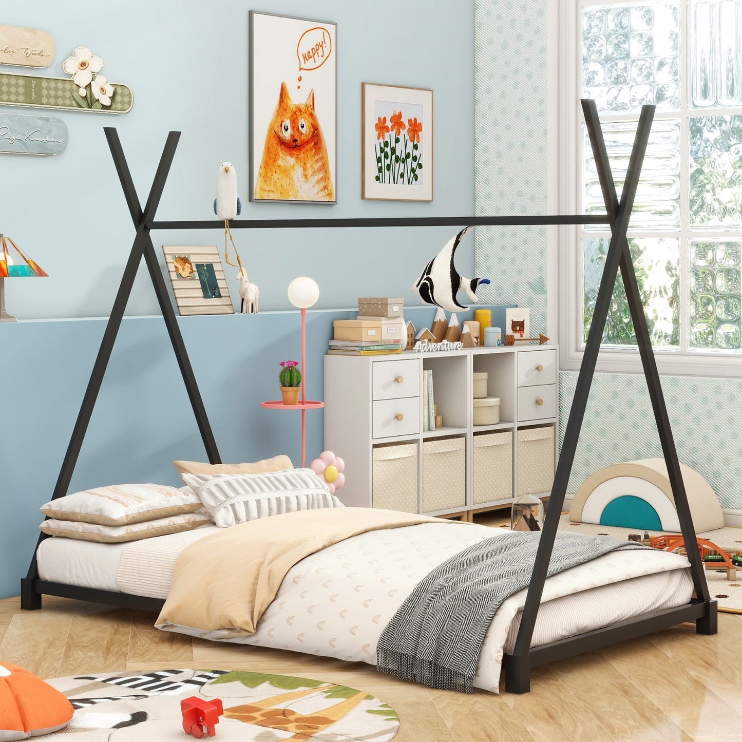 Metal Twin Size House Platform Bed With Triangle Structure, Black