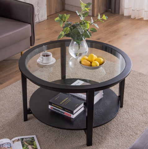 Round Glass Topped Solid Wood Storage Coffee Table, Black