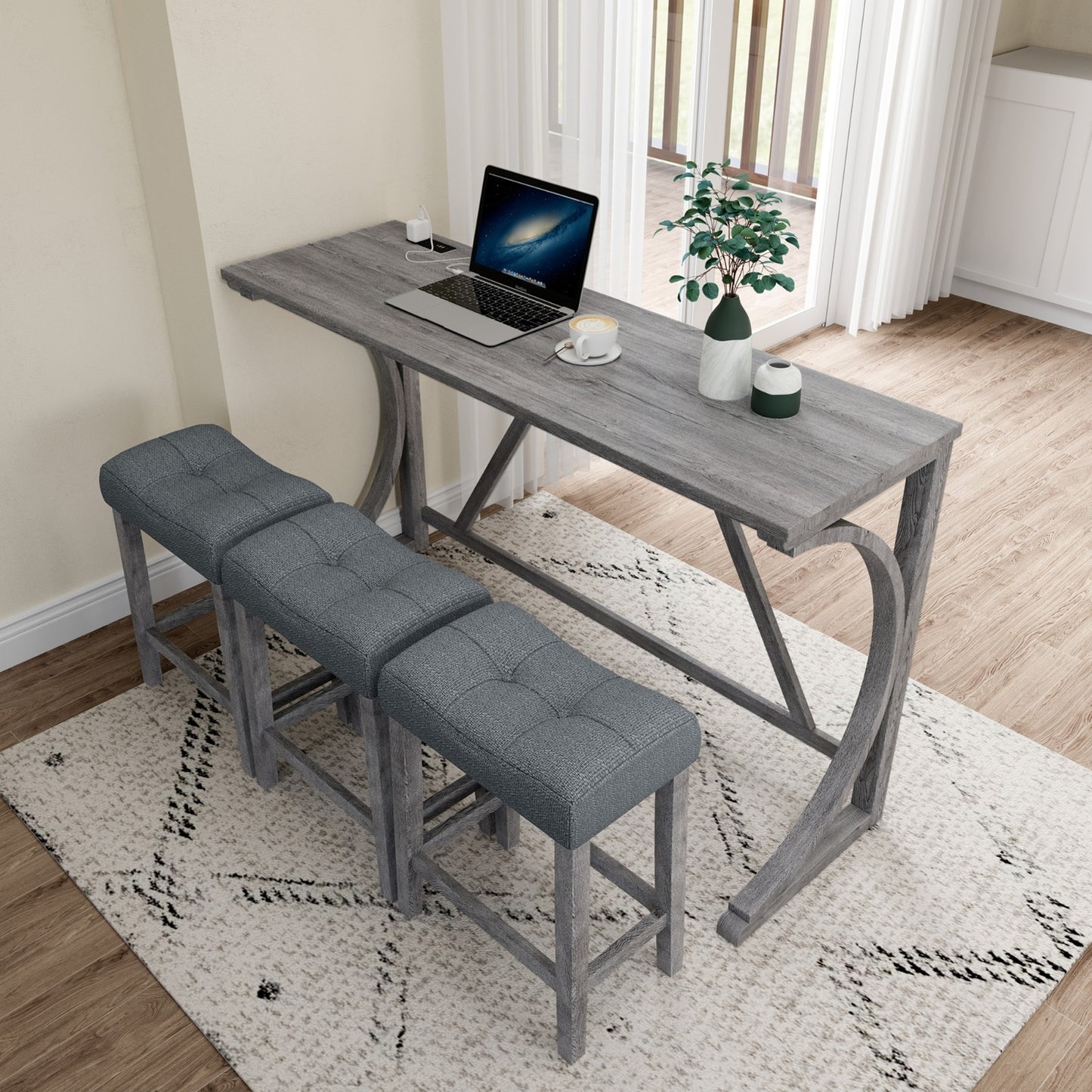 Bar Table Set With Power Outlet, Bar Table And Chairs Set, 4 Piece Dining Table Set, Industrial Brea