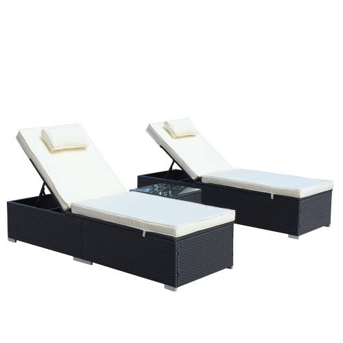 3-Piece Outdoor Patio Furniture Set Chaise Lounge, Patio Reclining Rattan Lounge Chair Chaise Couch Cushioned With Glass Coffee Table, Adjustable Back And Feet, Lounger Chair For Pool Garden, Beige
