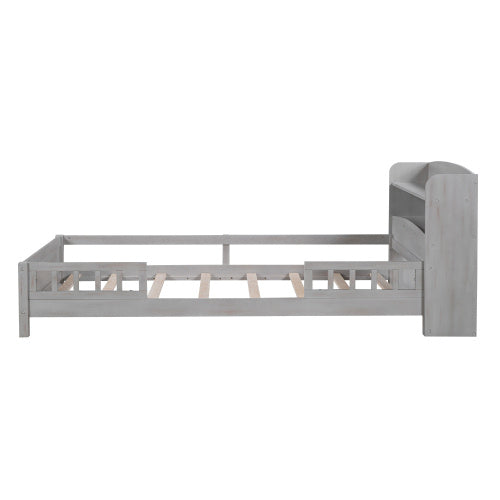Wood Twin Size Platform Bed With Built-in LED Light, Storage Headboard And Guardrail, Antique Grey