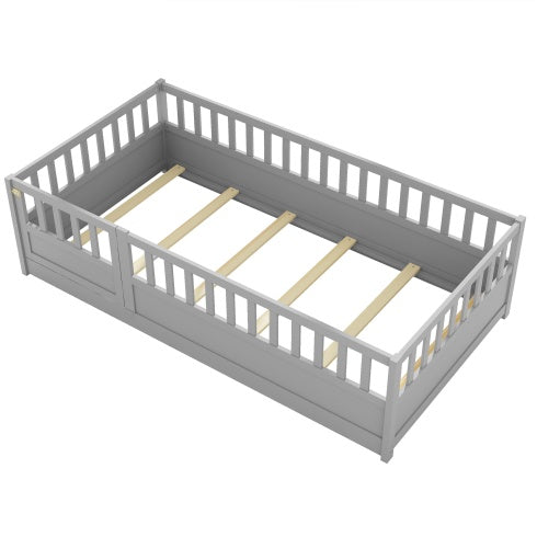 Twin Size Floor Bed, Integral Construction With Super High Security Barrier, Door, Children's Floor Bed Frame, Montessori Wooden Children's Floor Bed, Support Slat White