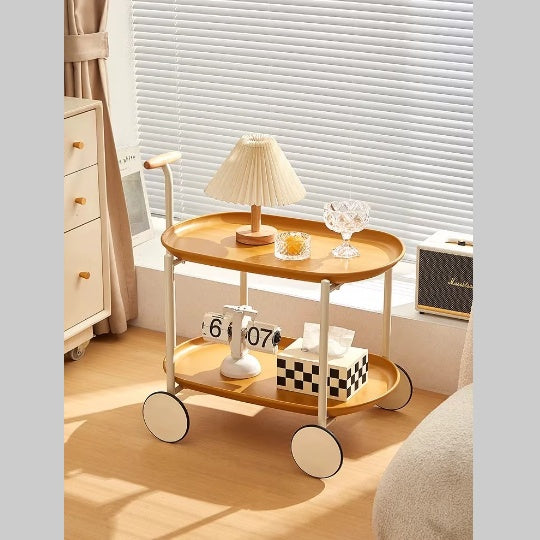 Movable Small Pushcart Inimalist Style Coffee Table Storage Cart Double-layer Modern Sofa Side Bedroom Leisure