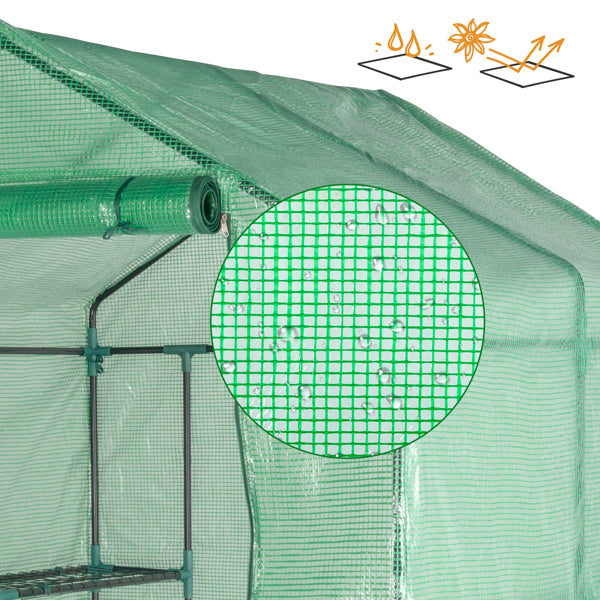 143x143x195cm PE Fabric Flower Room, Black Iron Pipe, Pointed Top, With 8 Mesh Flower Racks, Zipper Roll Door