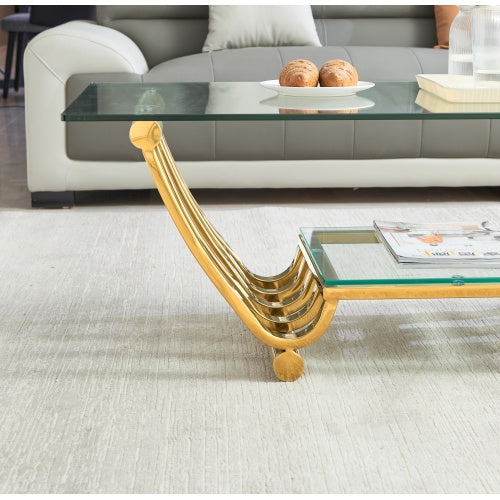 47 Rectangle Modern Stainless Steel Coffee Table, Double-Layer Clear Tempered Glass Coffee Table, Center Table Table With Storage, For Living Room Home Office, Easy Assembly, Gold