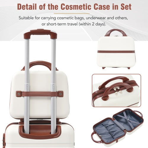 20 IN Hardside Luggage With Cosmetic Case , 2 Piece Lightweight Suitcase Set With Spinner Wheels, Carry On Vintage Luggage,White