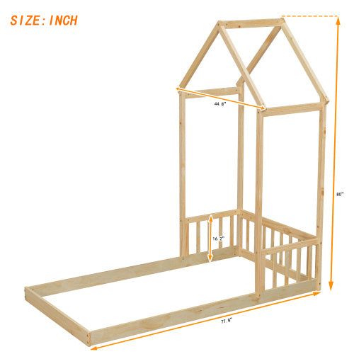 Twin House-shaped Roof Headboard Floor Bed,,without Slats,Natural