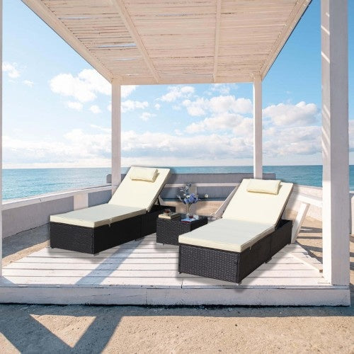 3-Piece Outdoor Patio Furniture Set Chaise Lounge, Patio Reclining Rattan Lounge Chair Chaise Couch Cushioned With Glass Coffee Table, Adjustable Back And Feet, Lounger Chair For Pool Garden, Beige