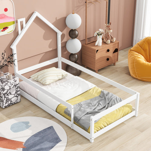 Twin Size Wood Bed With House-shaped Headboard Floor Bed With Fences,White