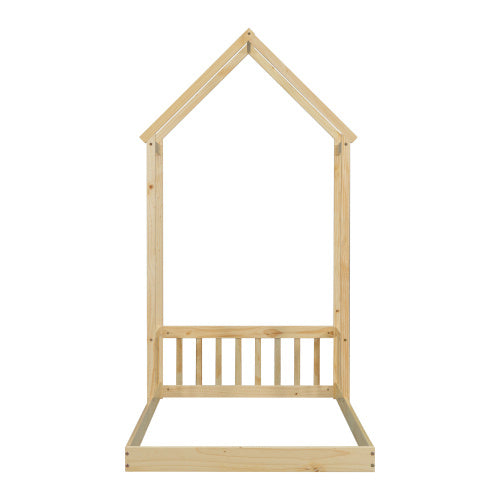 Twin House-shaped Roof Headboard Floor Bed,,without Slats,Natural