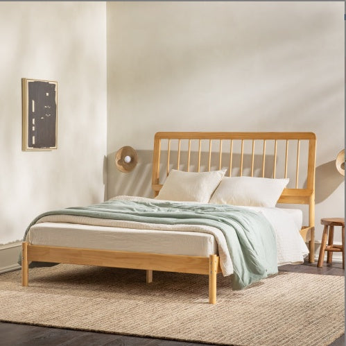 Mid-Century Modern Solid Wood Queen Spindle Bed Natural Pine