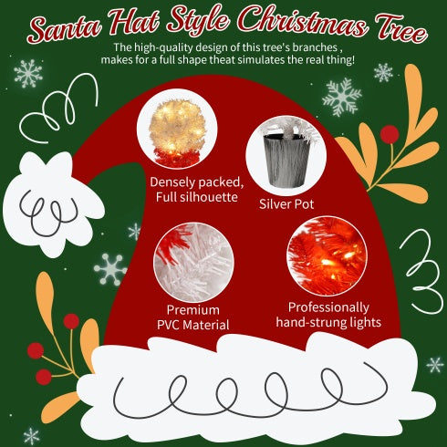 Lighted Santa Hat Style Christmas Tree Set Of 2, 4ft Artificial Tree With Warm White Lights, Christmas Tree For Decoration Inside And Outside