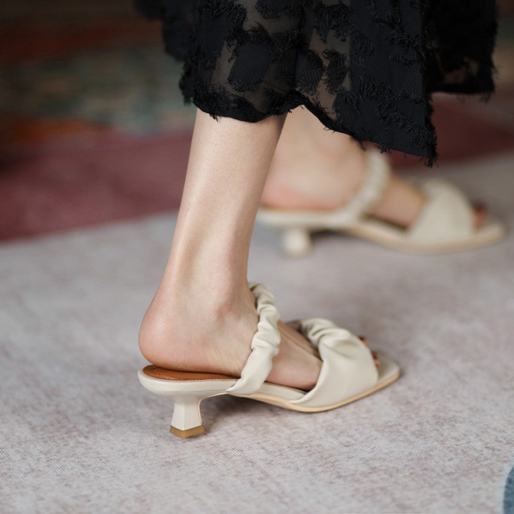 Slender-heeled Square-toe Flat Sandals Fashion Ladies Pull-wrinkle Low-heel Slippers