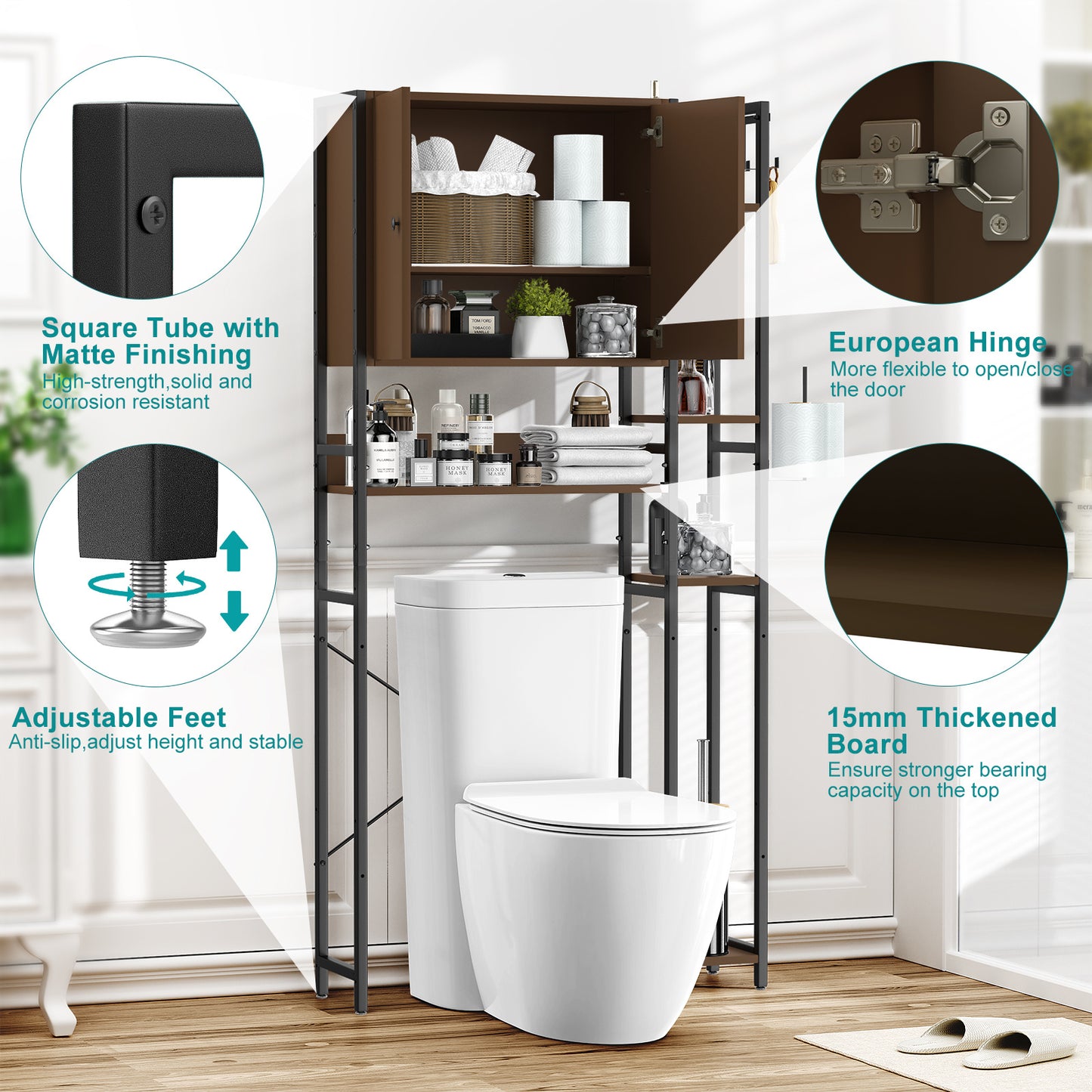 Toilet Storage Cabinet With 4 Layers Of Side Adjustable Storage Racks, Anti-slip Freestanding Toilet Organizer With Hooks, Suitable For Bathrooms, Laundry Rooms, In Brown.