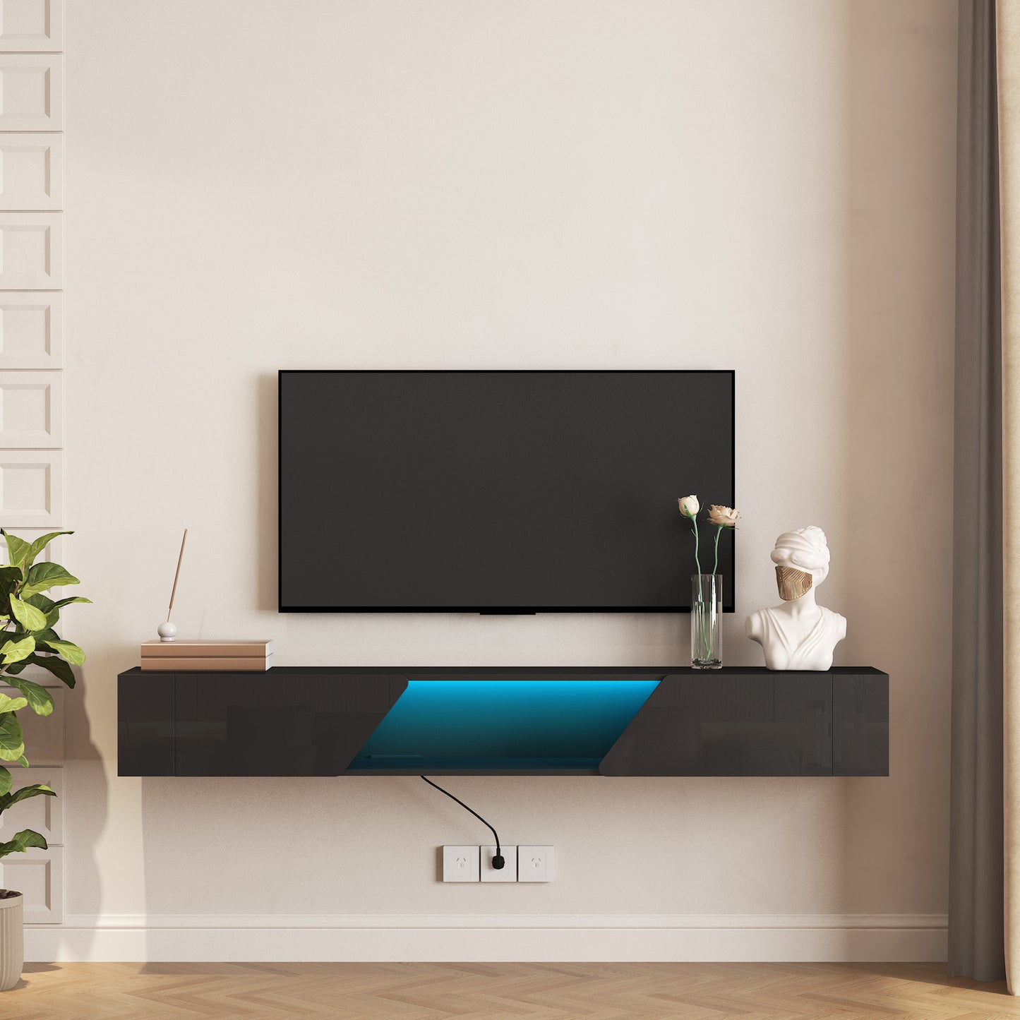 Floating TV Stand Wall Mounted With 16 Color LEDs, Modern TV Stand, Floating TV Cabinet Entertainment Center For 55 60 65 Inch TV,Black