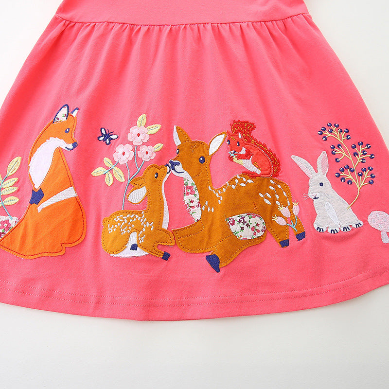 Girls' Autumn Clothes New Dress Cartoon Animal Embroidered Patch Woven Cotton Skirt