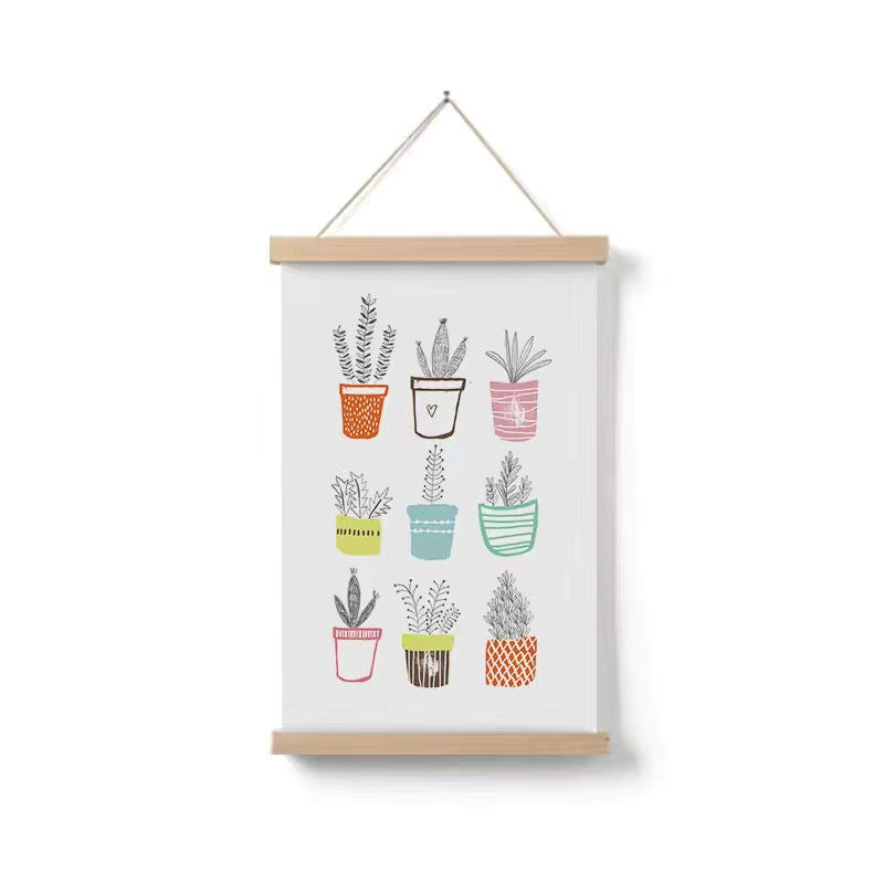 Simple Home Cartoon Green Plant Solid Wood Fabrics Hanging Picture