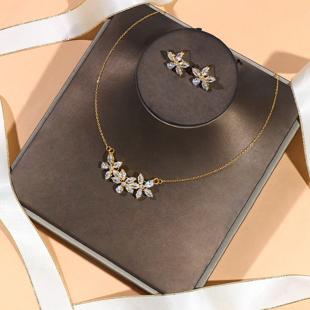 Flower Jewelry Suit Zircon Necklace Earrings